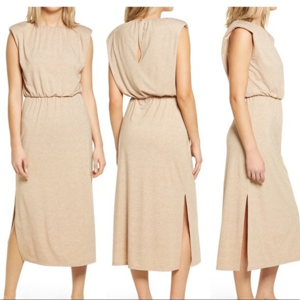 Wayf tan padded shoulder midi dress - Picture 1 of 6